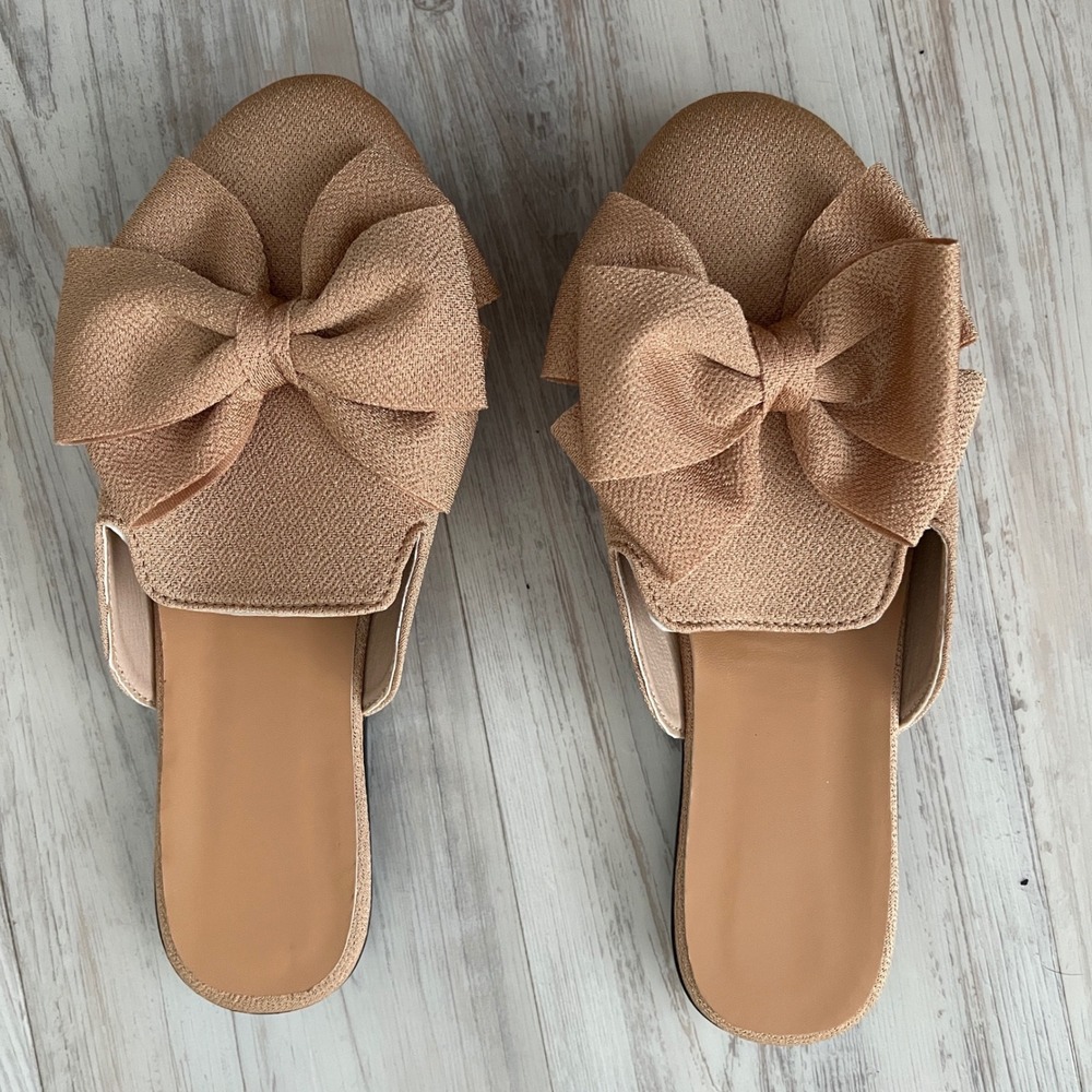 Champagne Tan Pointed Toe Bow Mule Flats Textured Slip On Shoes Size 41